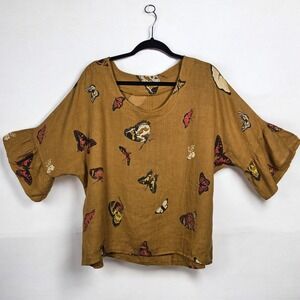 Viola Borghi Top Woman Small‎ 100% Linen Caramel Butterfly Made in Italy Boho